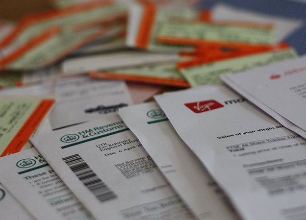 Bills laid out on a table